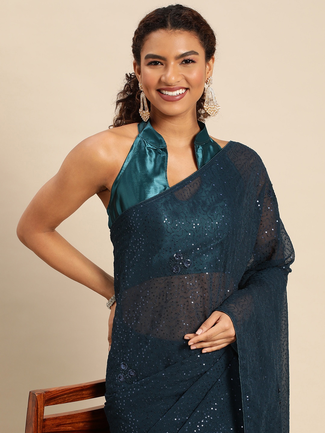 

HERE&NOW Ethnic Motifs Sequinned Saree, Teal