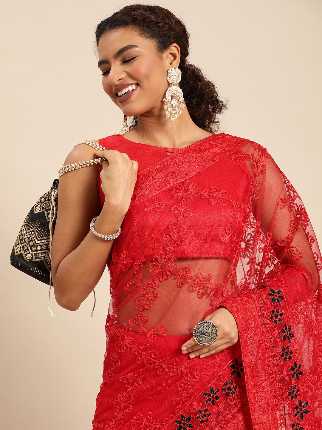 

HERE&NOW Ethnic Motifs Embroidered Net Saree, Red