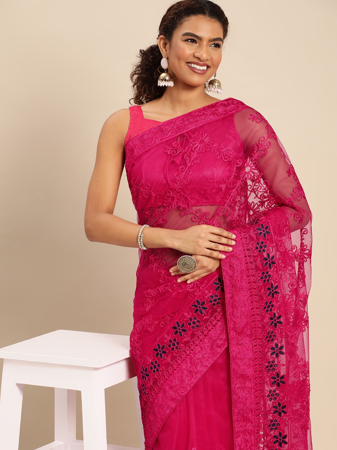 

HERE&NOW Ethnic Motifs Embroidered Net Saree, Rose