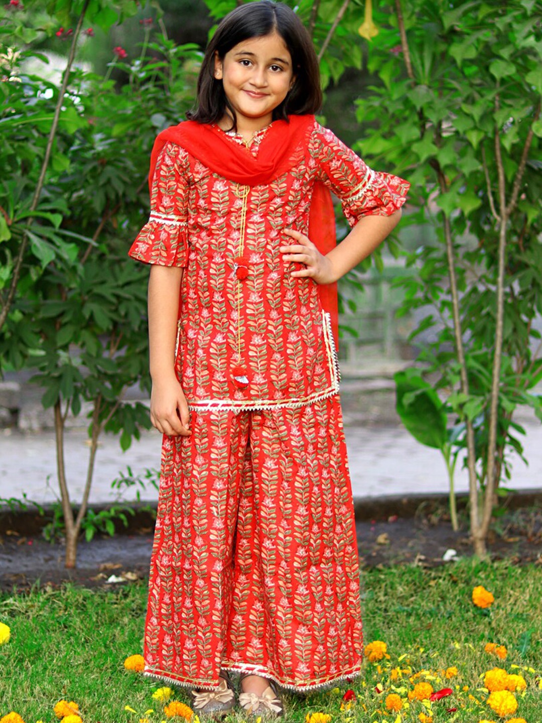 

PICCOLO Girls Floral Printed Gotta Patti Pure Cotton Kurti with Sharara & Dupatta, Red