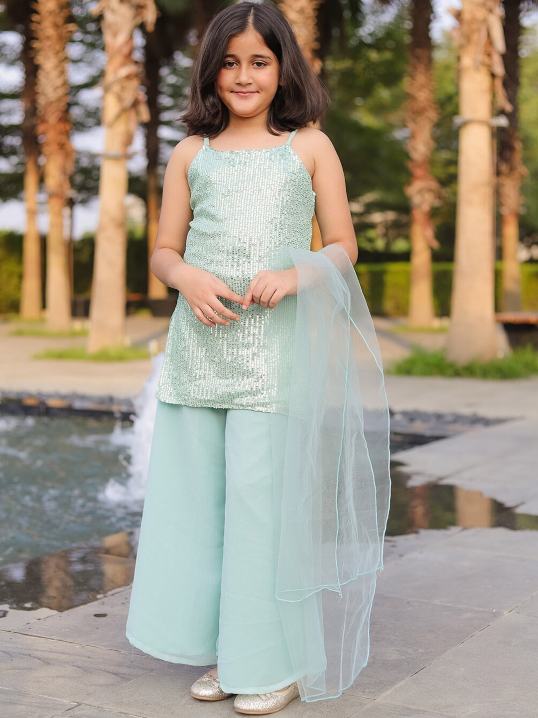 

PICCOLO Girls Embroidered Sequinned Kurta with Sharara & Dupatta, Green