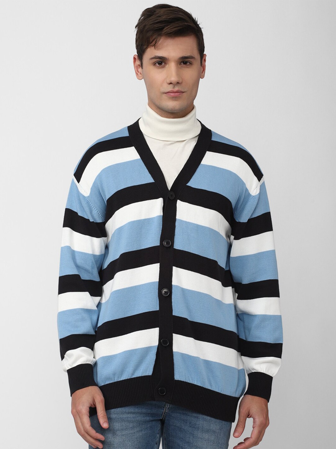 

FOREVER 21 Men Striped Cardigan Pure Cotton Sweater, Blue