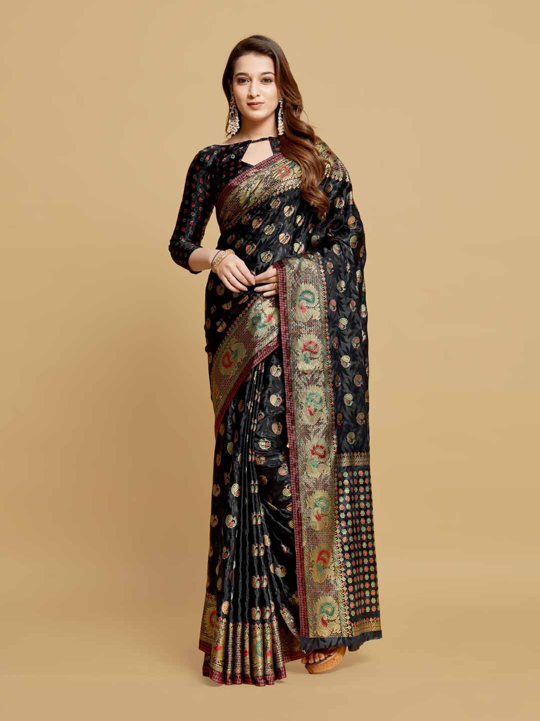 

GAJARAI Ethnic Motifs Zari Silk Blend Kanjeevaram Saree, Black