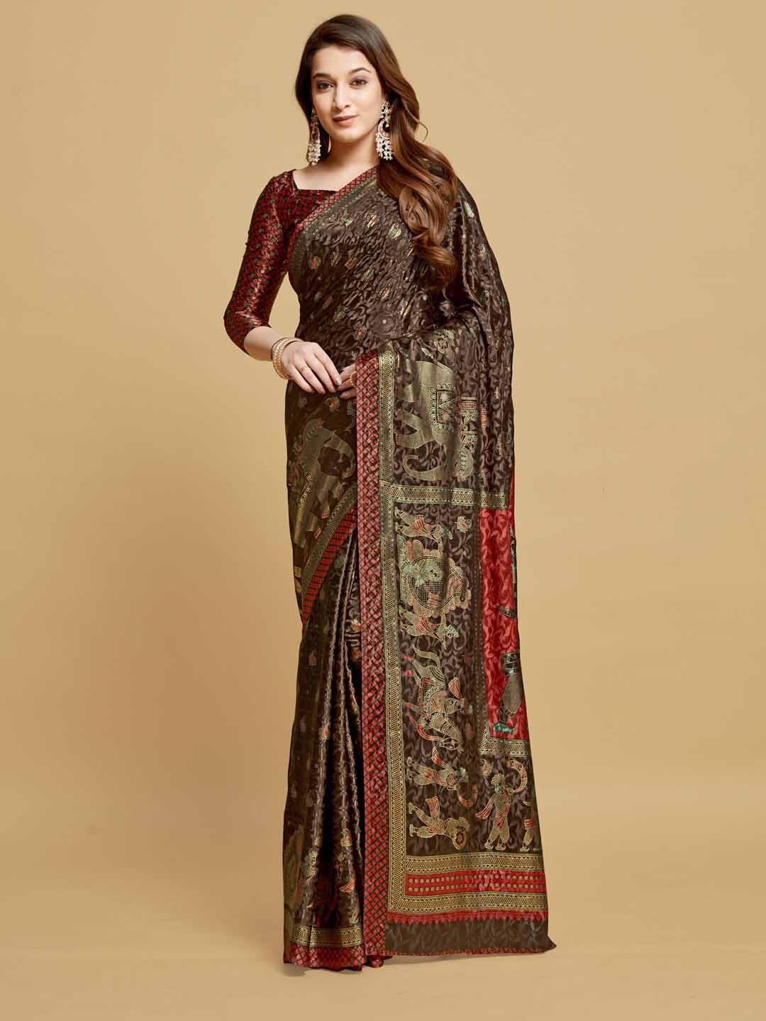 

GAJARAI2 Ethnic Motifs Silk Blend Kanjeevaram Saree, Brown