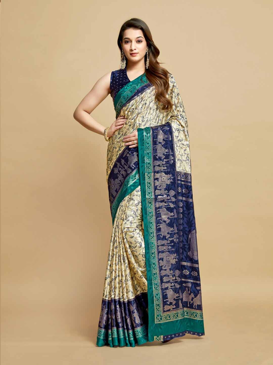 

GAJARAI Paisley Silk Blend Kanjeevaram Saree, Navy blue