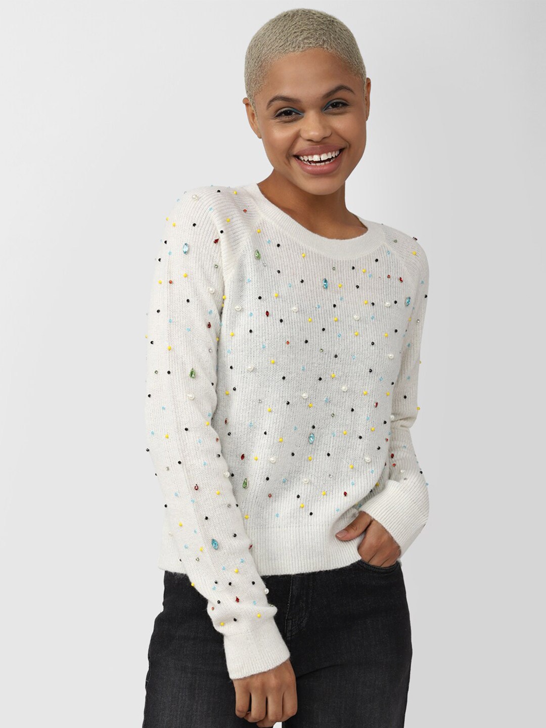 

FOREVER 21 Women Embroidered Pullover Sweater, White