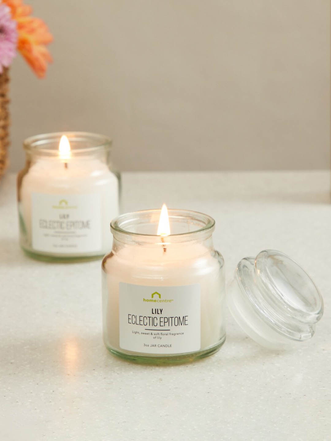 

Home Centre Color Connect White Set Of 2 Wax & Glass Lily Scented Candle Jars
