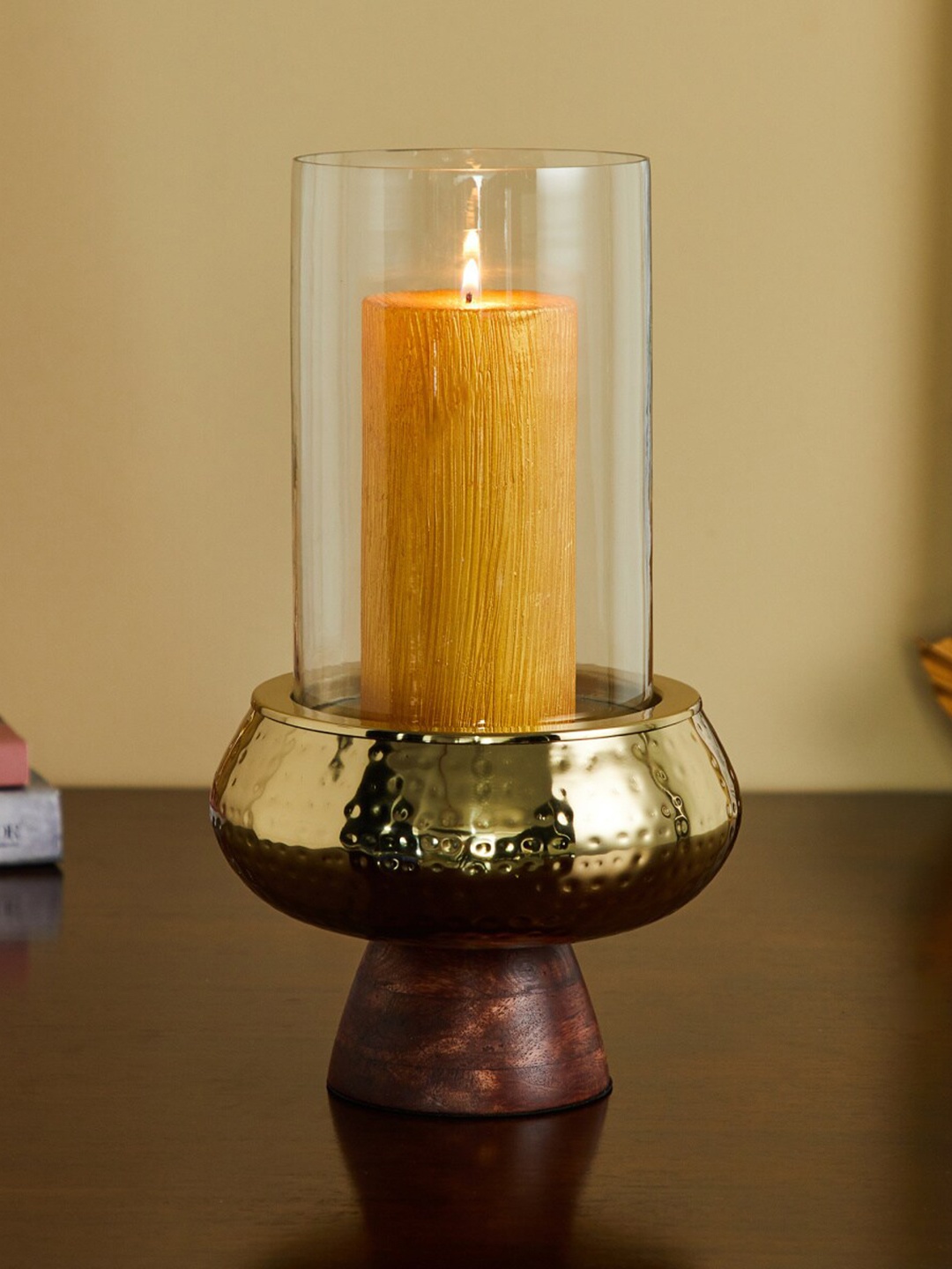 

Home Centre Gold-Toned & Brown Textured Candle Holder with Wooden Base