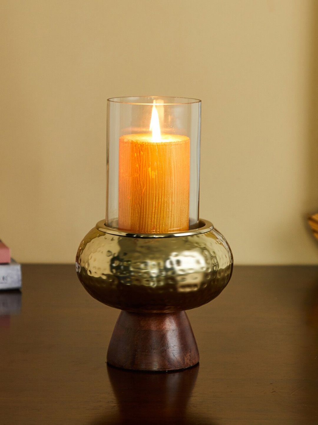 

Home Centre Gold-Toned & Brown Textured Candle Holder with Wooden Base & Glass Cylinder