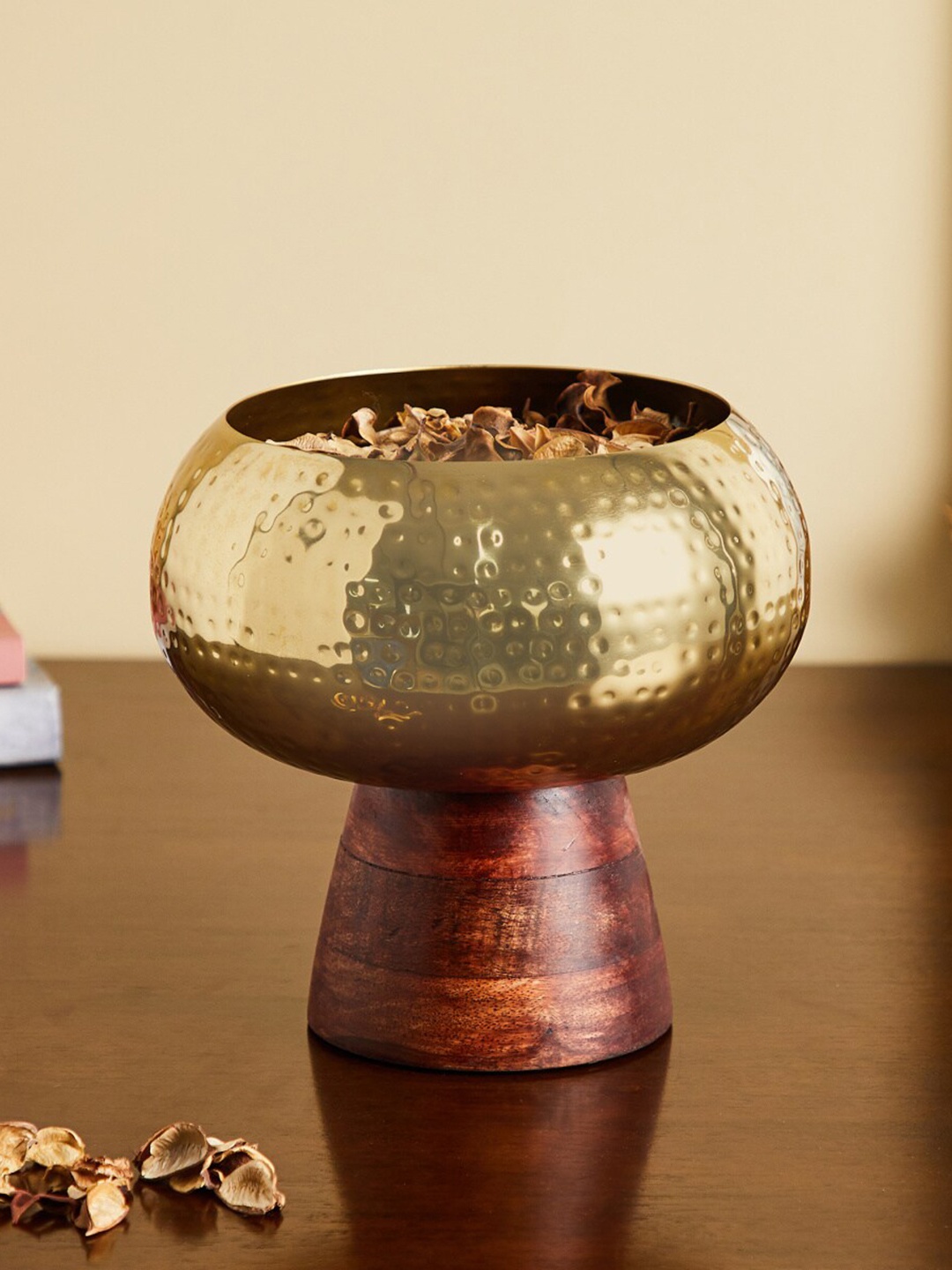

Home Centre Gold-Toned Rush Metal Potpourri Bowl With Wooden Stand