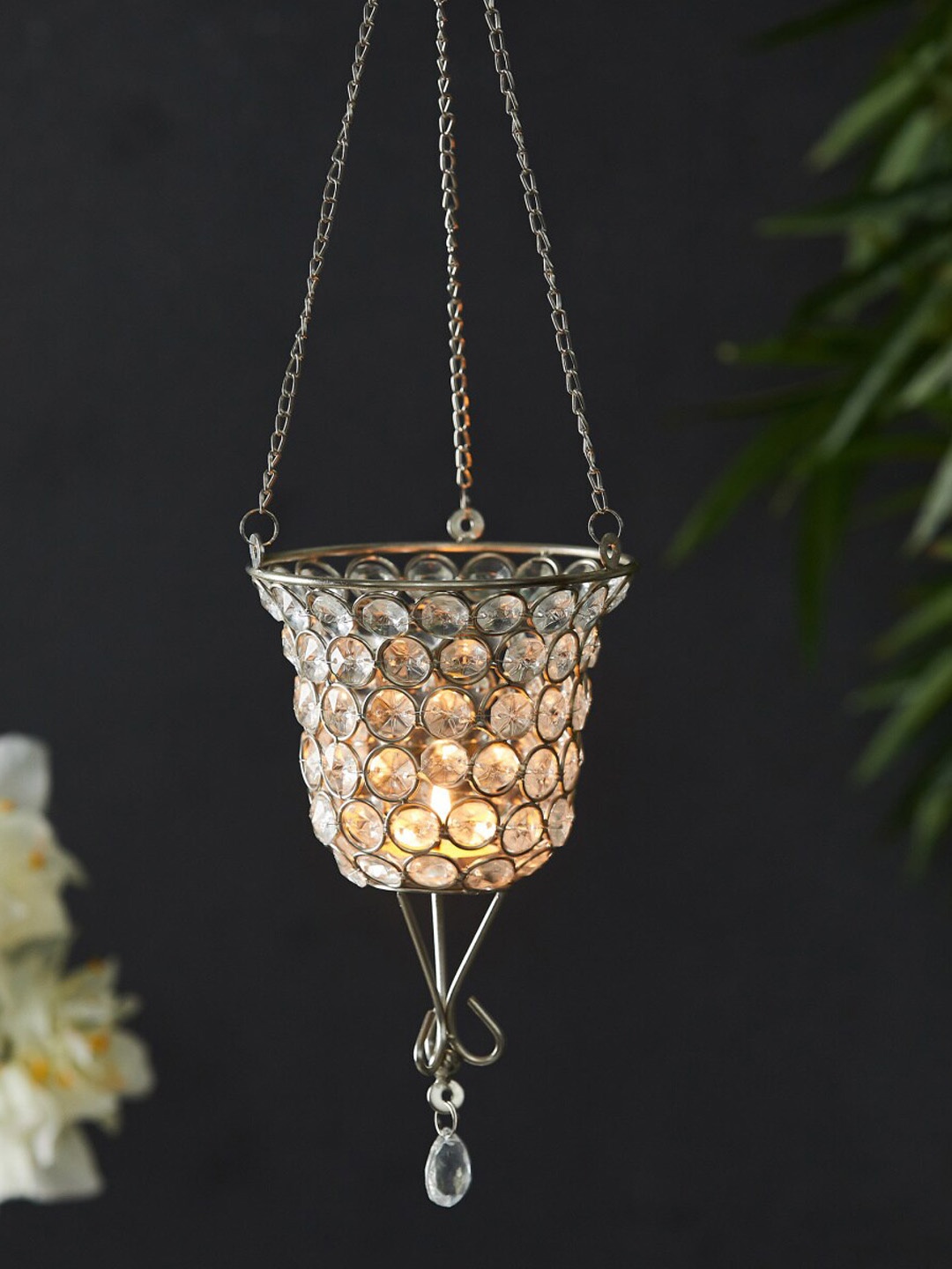 

Home Centre Silver-Toned Crystal Glass Hanging Votive Candle Holder