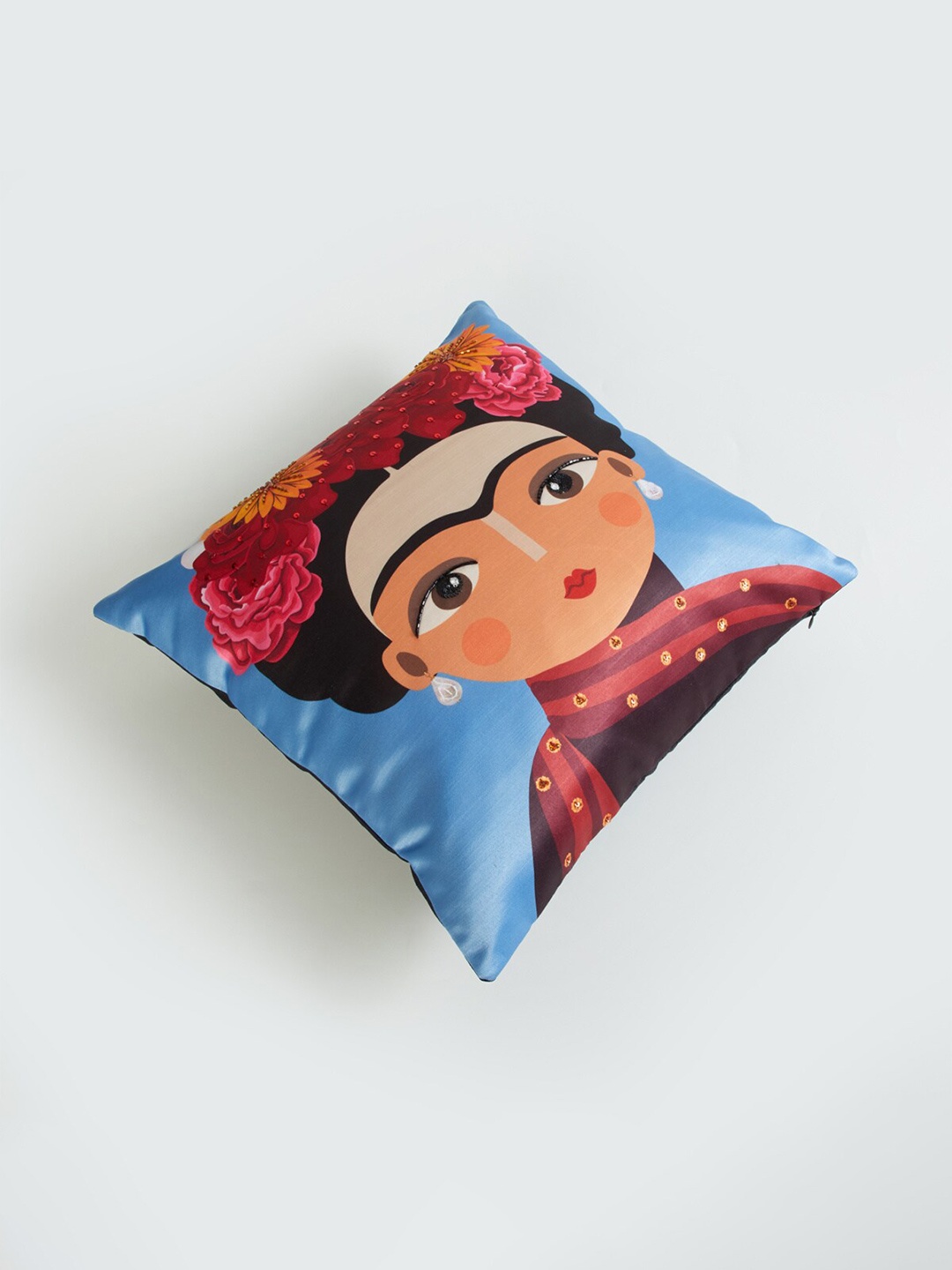 

Home Centre Aurora Blue & Maroon Quirky Embellished Square Cushion Cover 40x40 cm