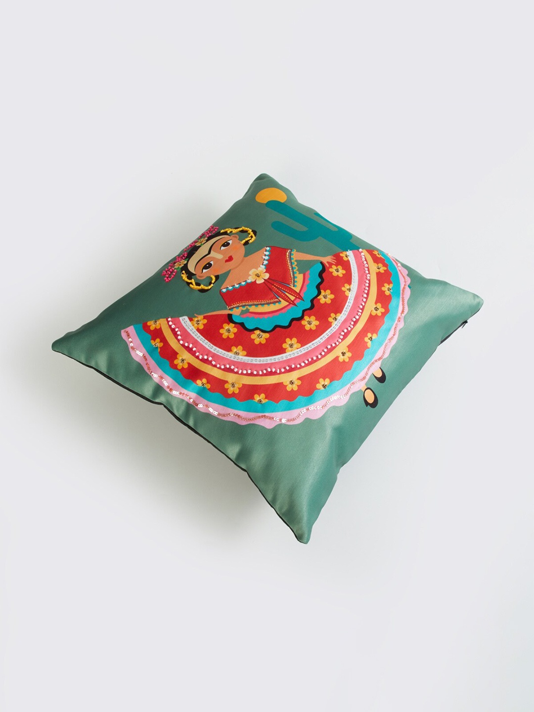 

Home Centre Aurora Green & Red Quirky Embellished Square Cushion Cover 40 x 40 cm
