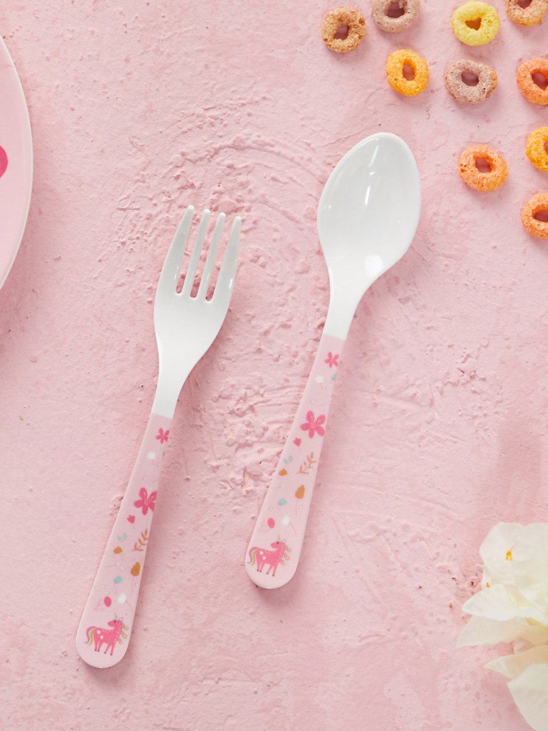 

Home Centre Set Of 2 Pink & White Glee Unicone Printed Melamine Spoon and Fork Set