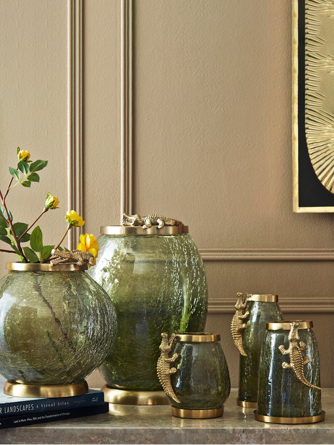 

Home Centre Tropical Green & Gold-Toned Crocodile Textured Glass Table Vase