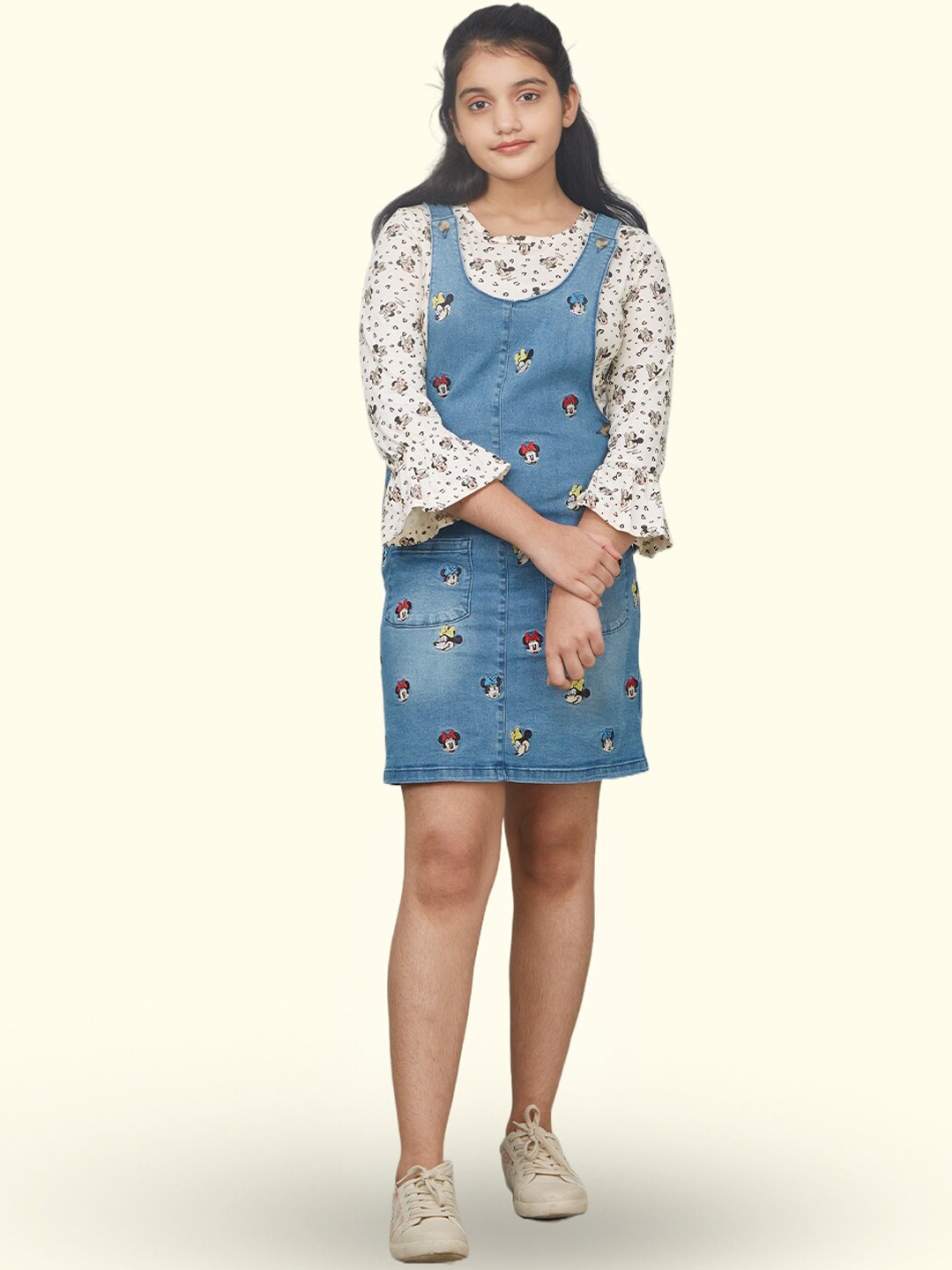 

Zalio Girls Minnie Mouse Print Denim Dungarees Set With Top, Blue