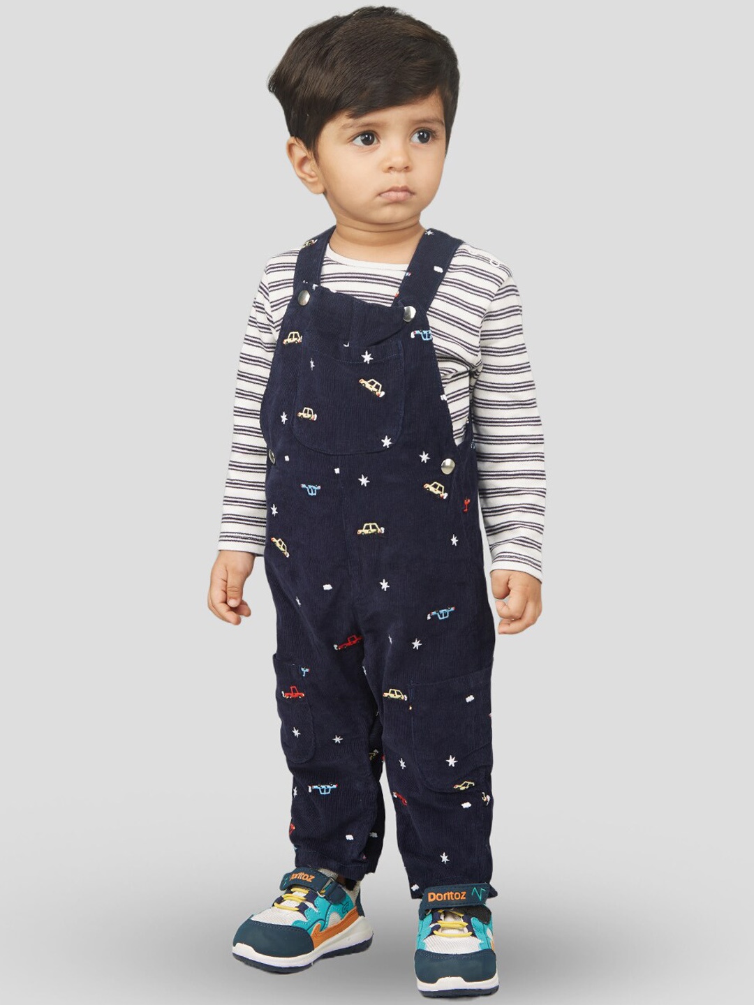 

Zalio Boys Printed Pure Cotton Dungarees With T-Shirt, Blue