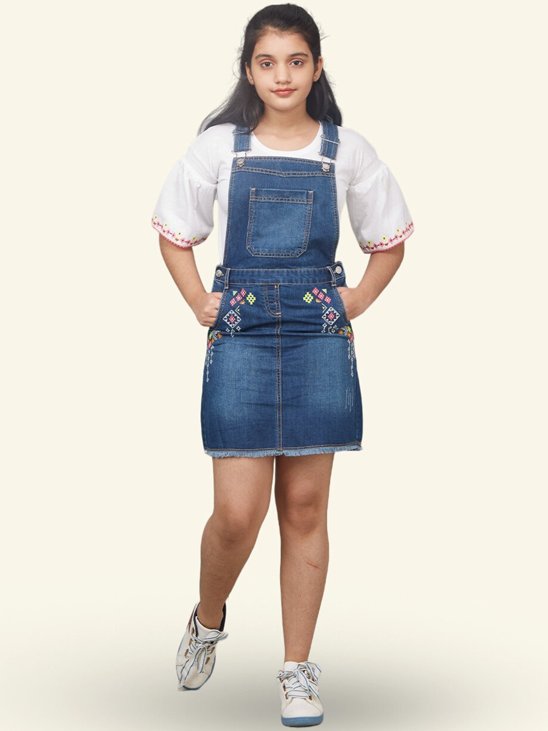

Zalio Girls Pure Cotton Denim Dungaree With T-shirt, Blue