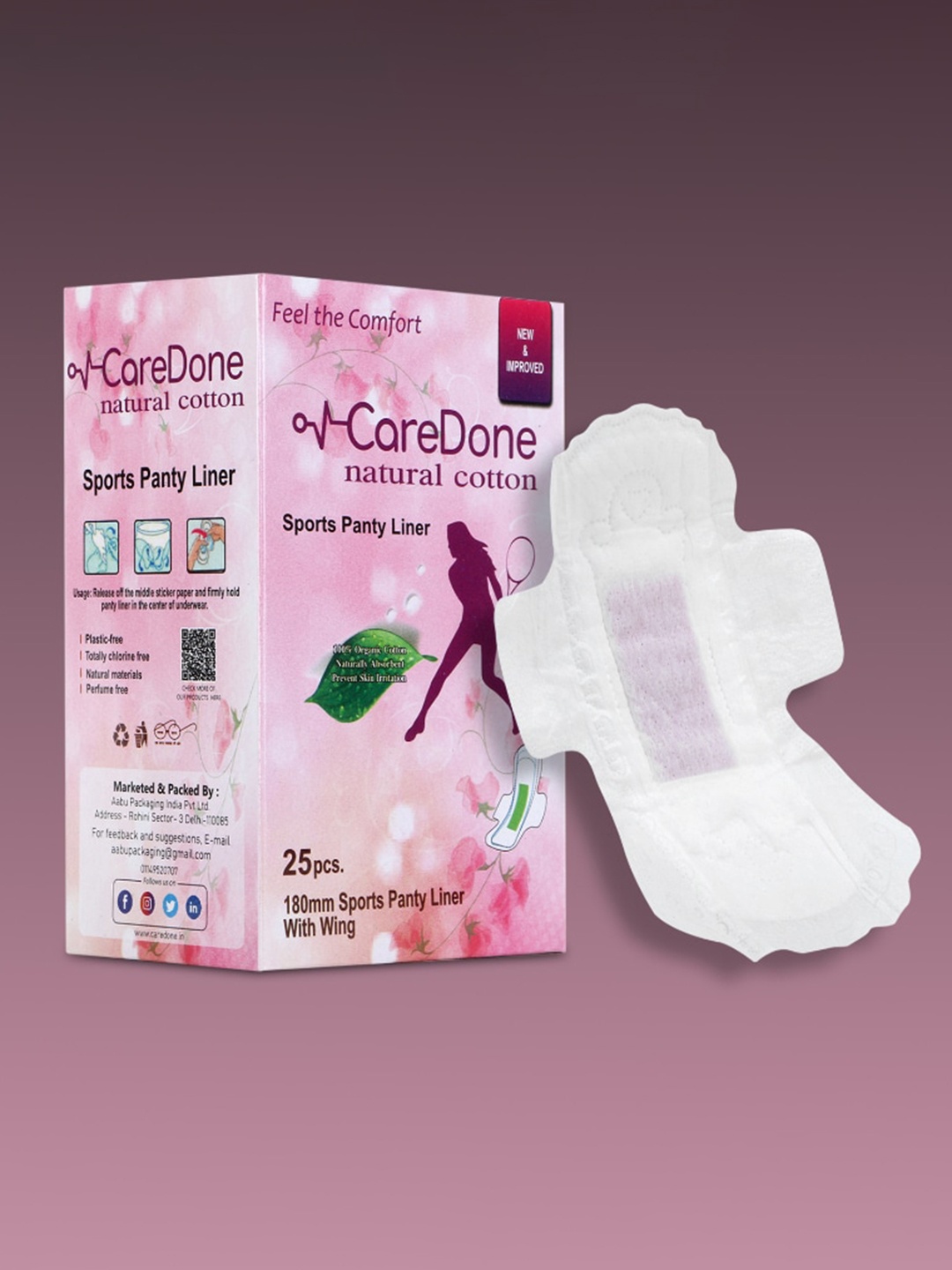 

CareDone Organic Natural Cotton Ultra Thin 180mm Sports Panty Liners - 25 Pcs, Pink
