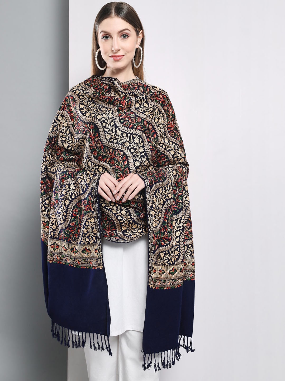 

Zamour Women Embroidered Acrylic Shawl, Navy blue