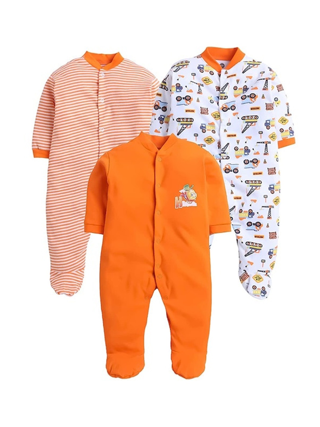 

EIO Infant Kids Pack of 3 Pure Cotton Sleepsuits, Orange