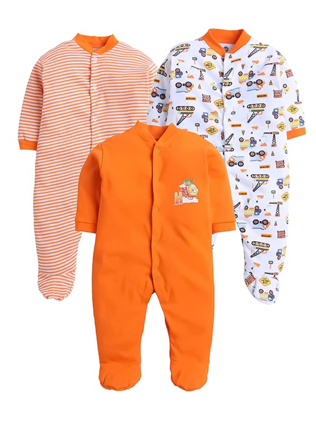 

EIO Infants Pack of 3 Printed Pure Cotton Sleepsuits, Orange