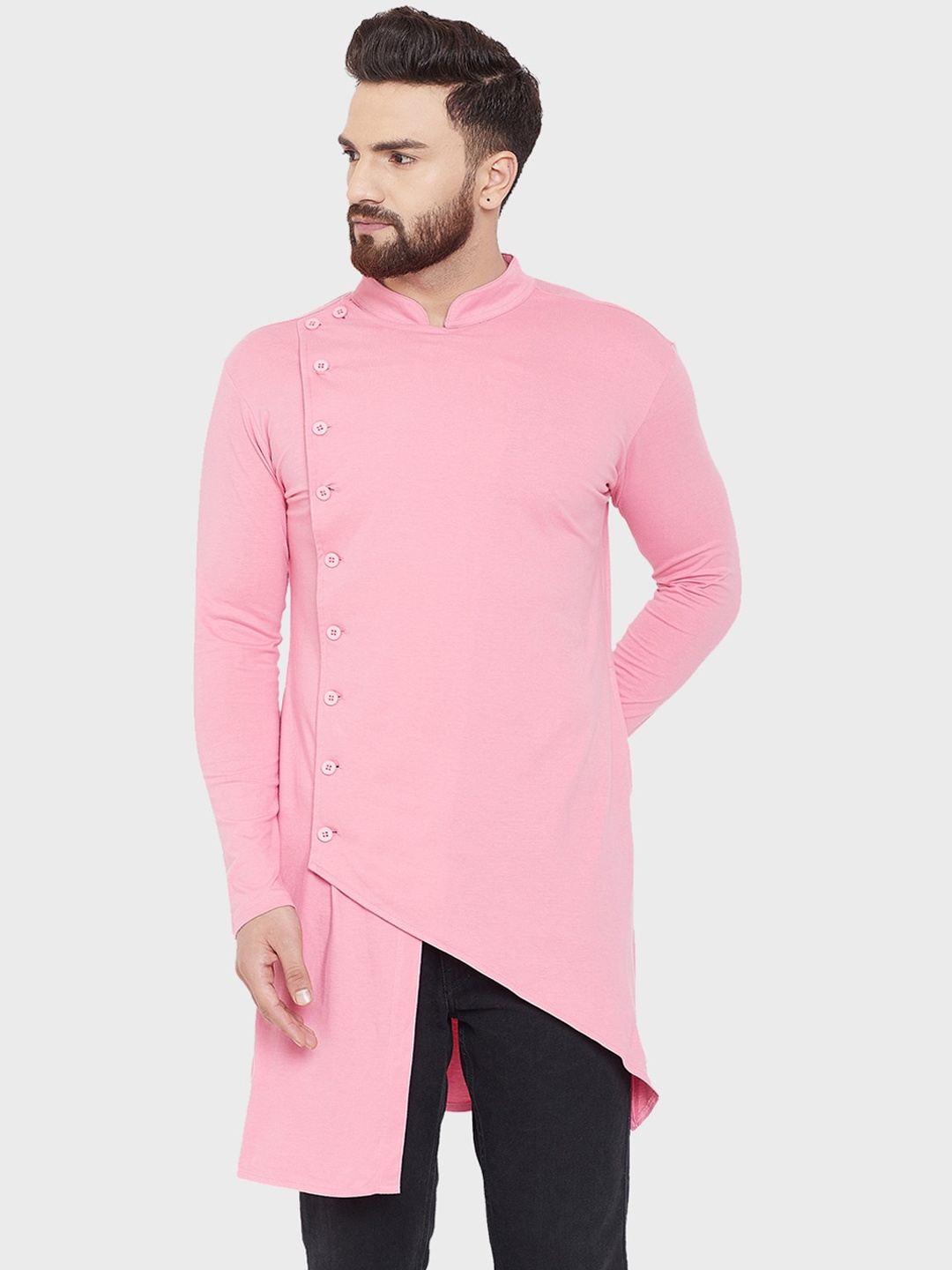 

Hypernation Asymmetric Mandarin Collar Cotton Kurta, Pink