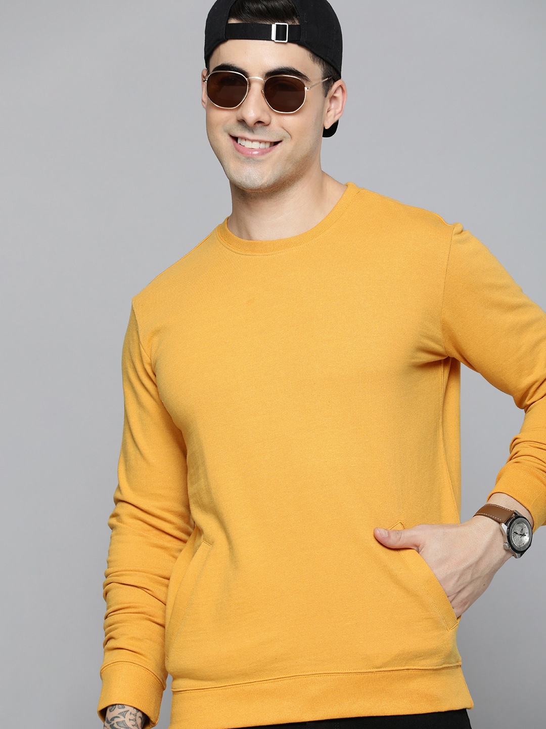 

HERE&NOW Men Solid Knitted Sweatshirt, Yellow