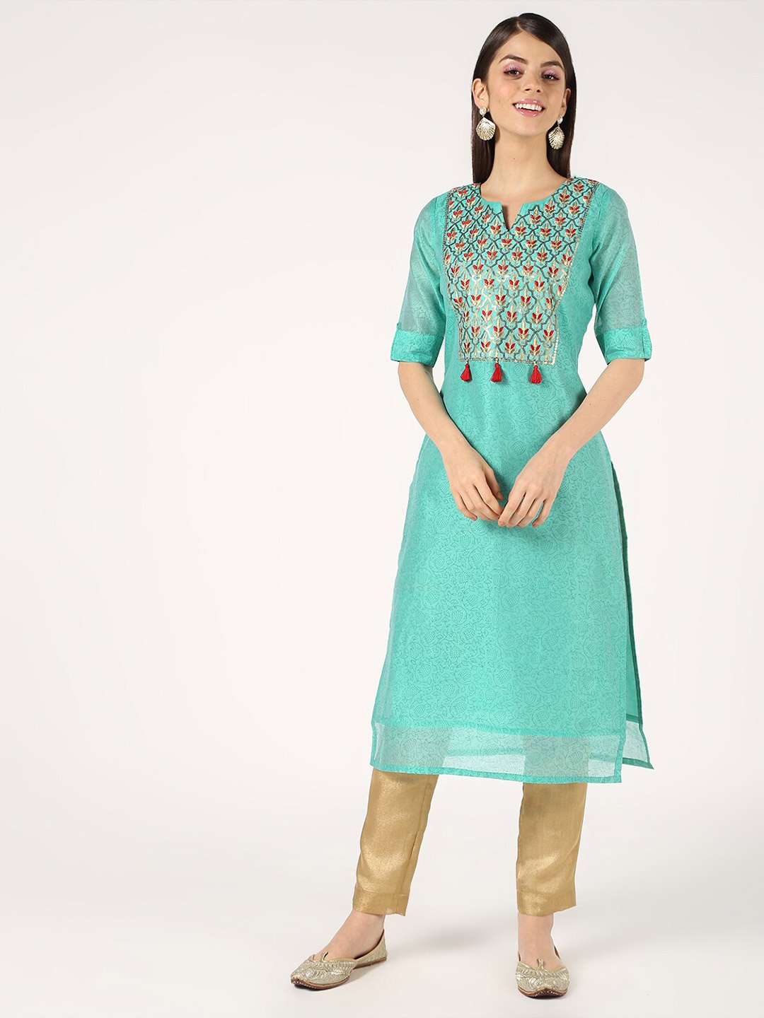 

Bani Women Women Woven Design Thread Work Chanderi Silk Kurta, Sea green