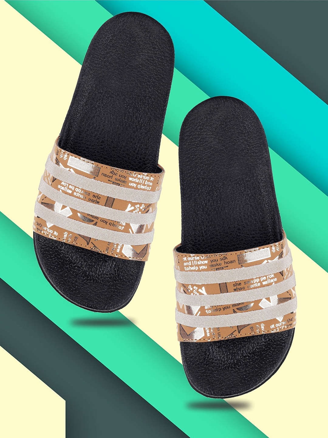 

FREECO Women Printed Sliders, Tan