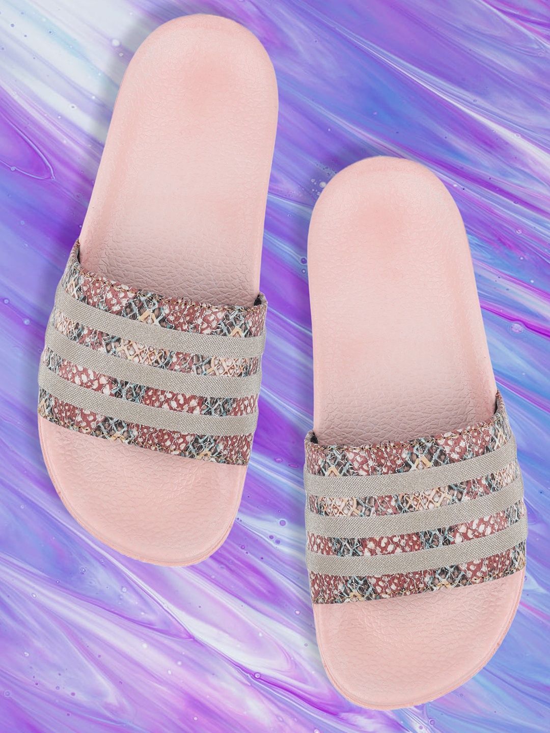 

FREECO Women Striped Sliders, Pink