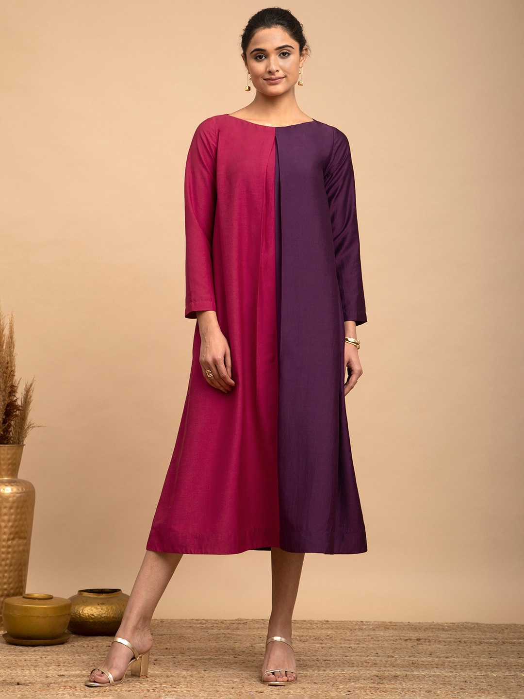 

Pink Fort Silk Colourblock A-Line Midi Dress