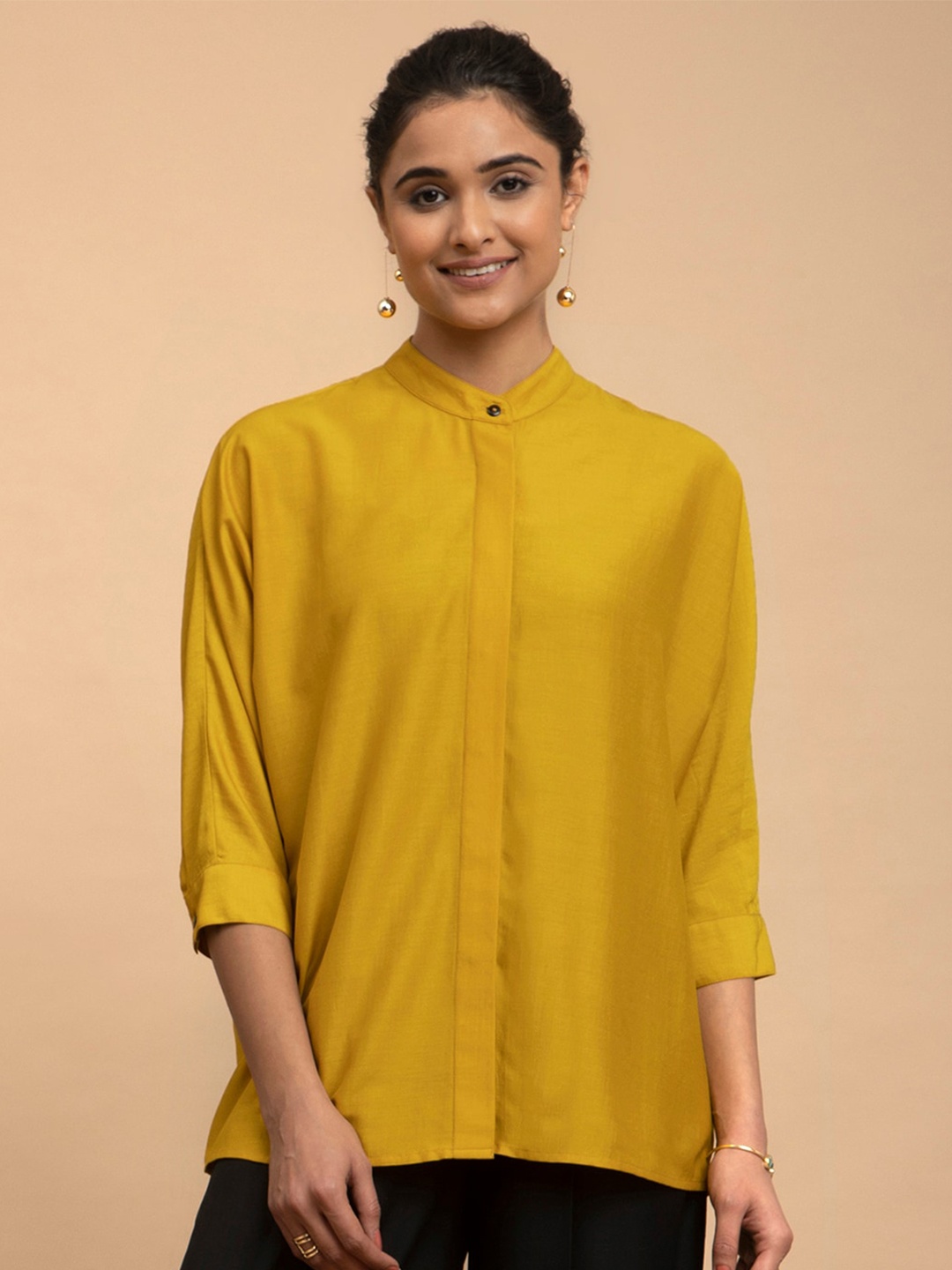 

Pink Fort Women Solid Silk Casual Shirt, Yellow