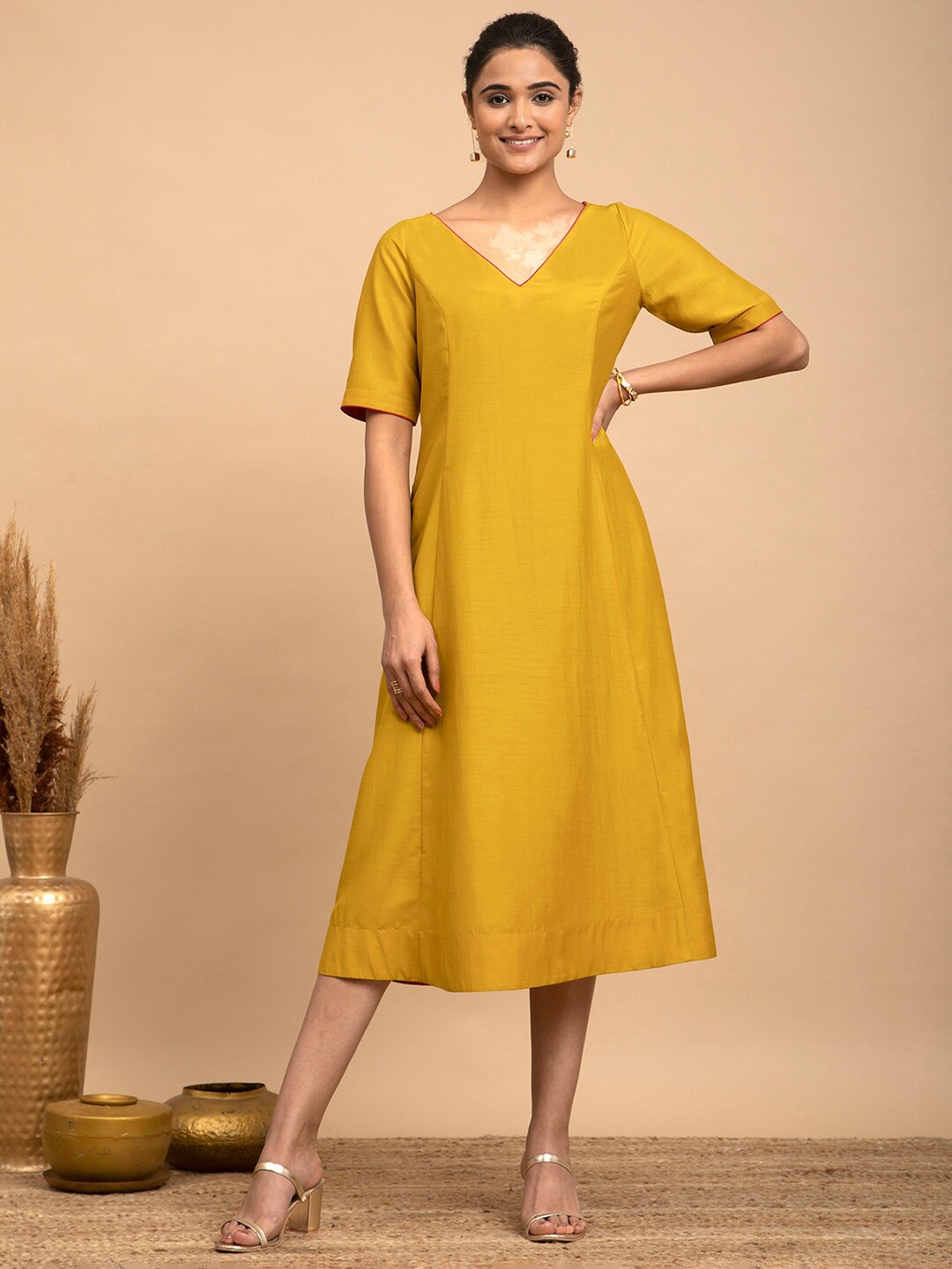 

Pink Fort V-Neck Silk A-Line Midi Dress, Yellow