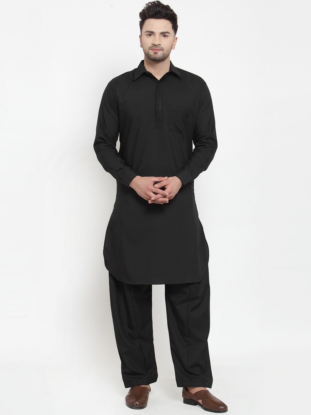 

Kaifoo Men Shirt Collar Kurta with Salwar, Black