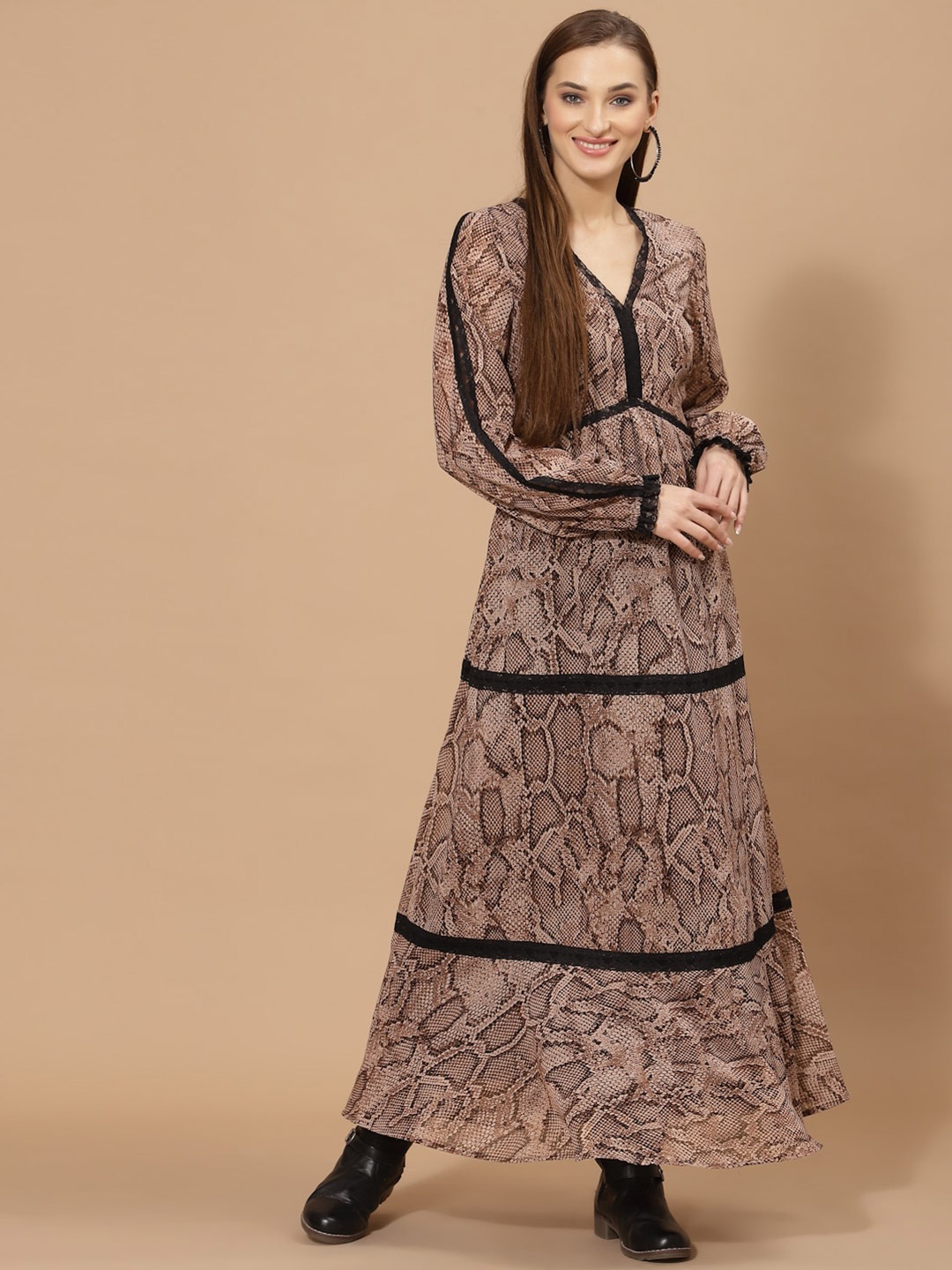

FLAWLESS Animal Printed V-Neck Maxi Dress, Brown