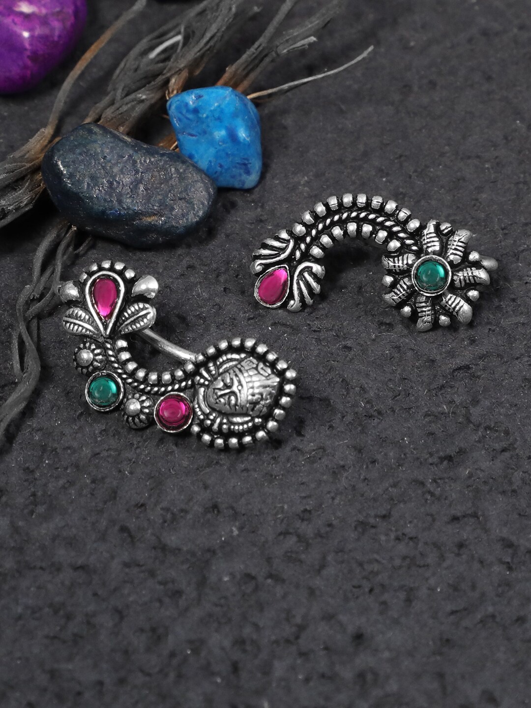 

Adwitiya Collection Set of 2 Oxidised Silver-Plated Stone Studded Clip-On Nosepins
