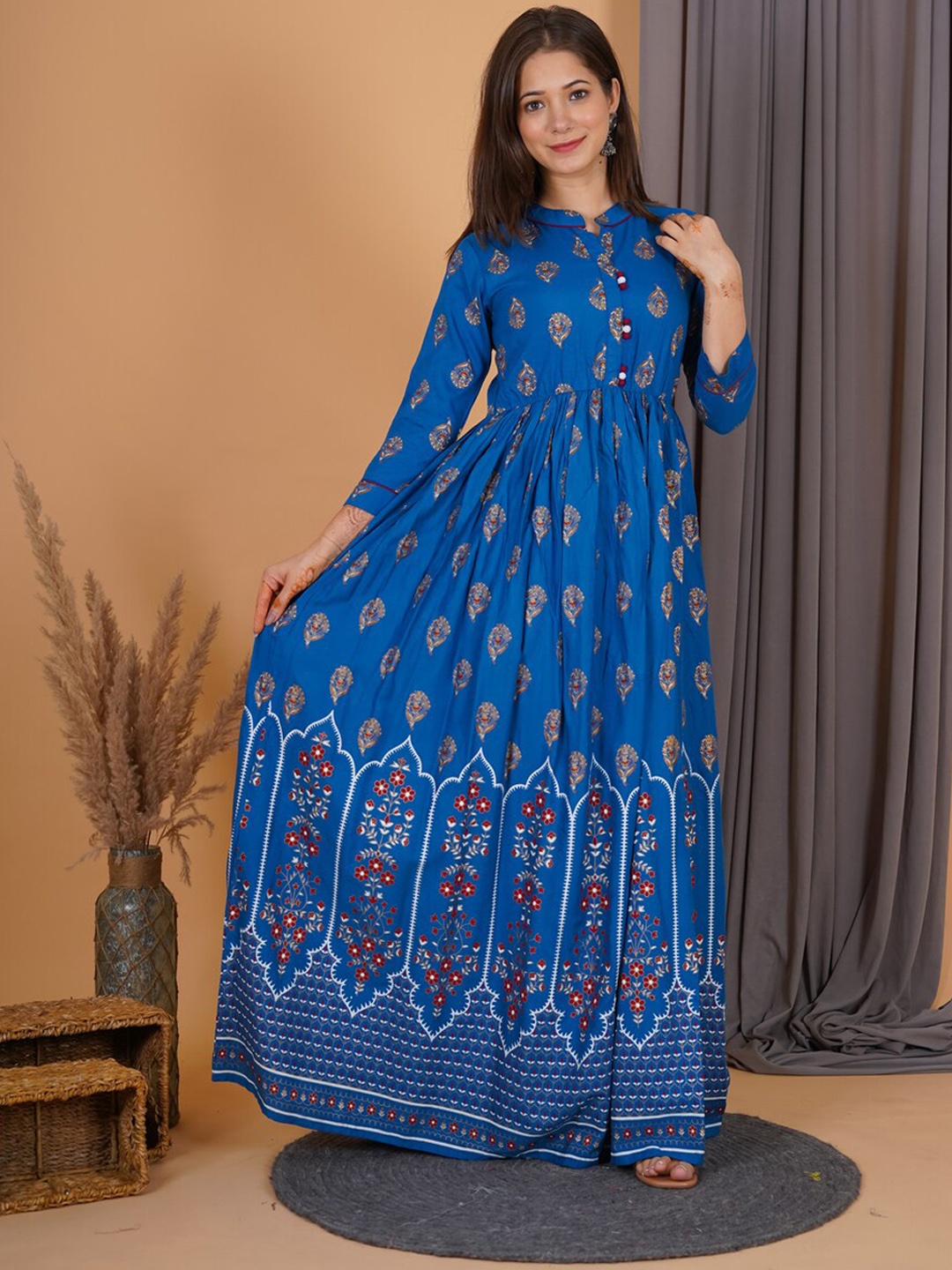 

PURSHOTTAM WALA Women Ethnic Motifs Printed Asymmetric Anarkali Kurta, Turquoise blue