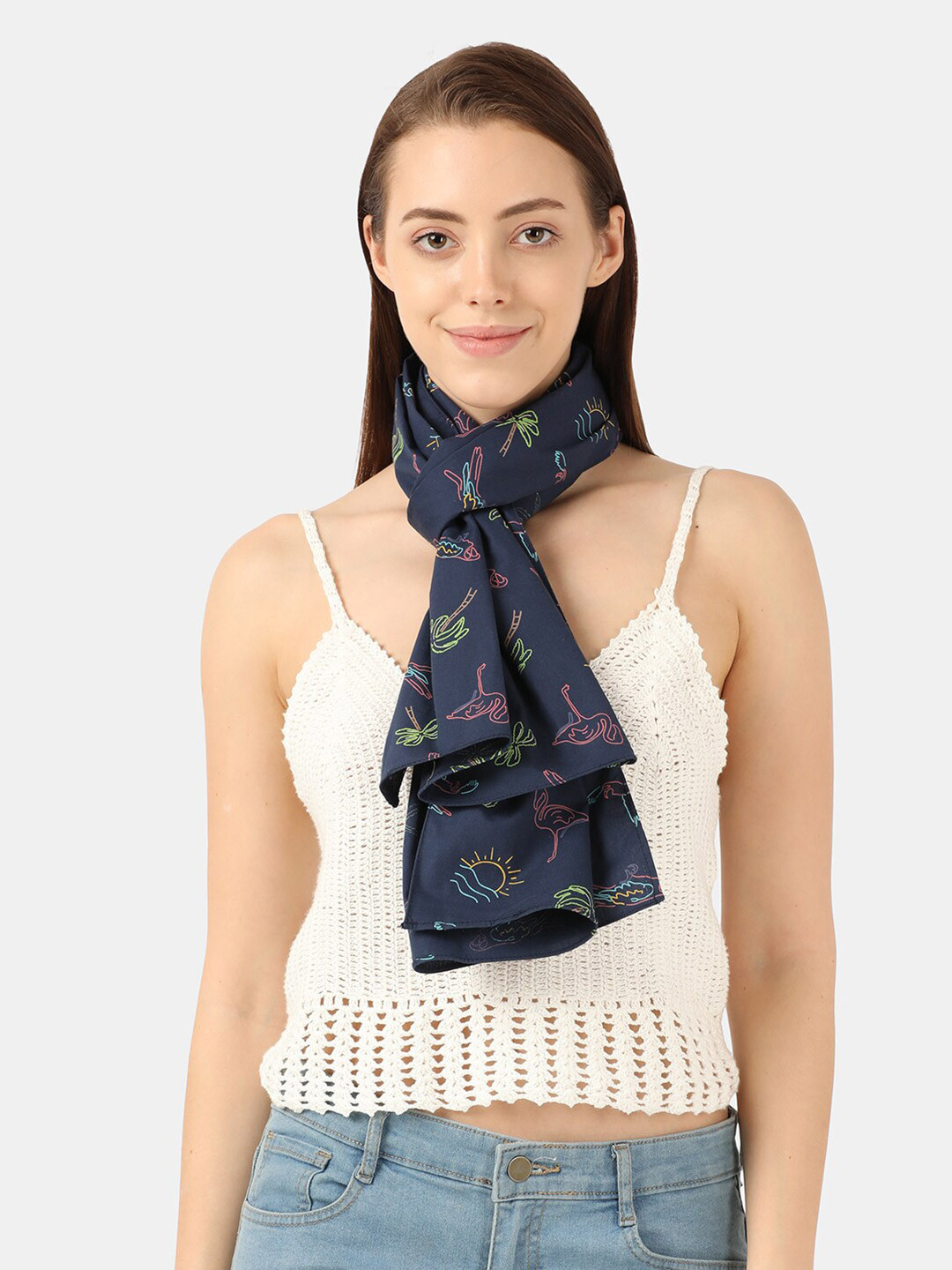

Llak Jeans Women Printed Cotton Stole, Navy blue