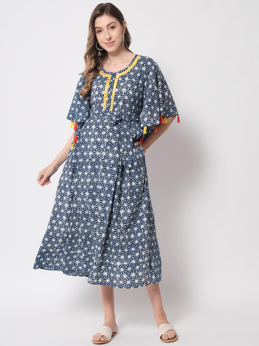 

Aujjessa Ethnic Motifs Printed Pure Cotton Maternity A-Line Midi Dress, Blue