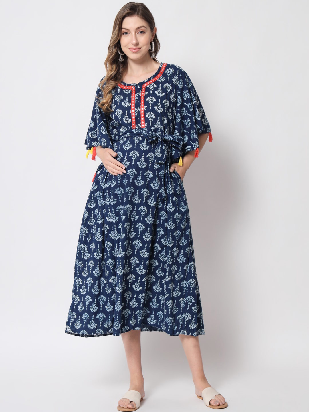 

Aujjessa Floral Printed Pure Cotton Maternity Midi Dress, Blue