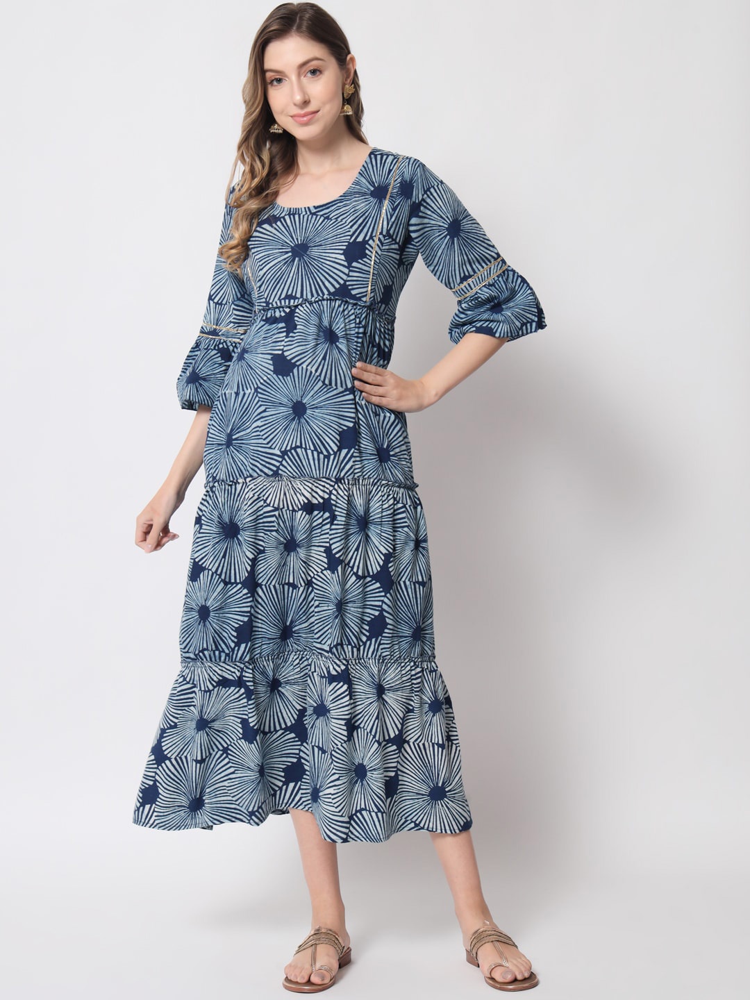 

Aujjessa Floral Printed Pure Cotton Maternity A-Line Midi Dress, Blue
