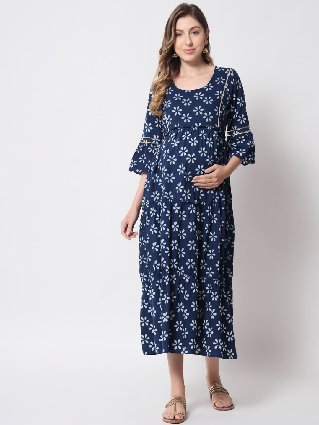 

Aujjessa Floral Printed Pure Cotton Maternity A-Line Midi Dress, Blue