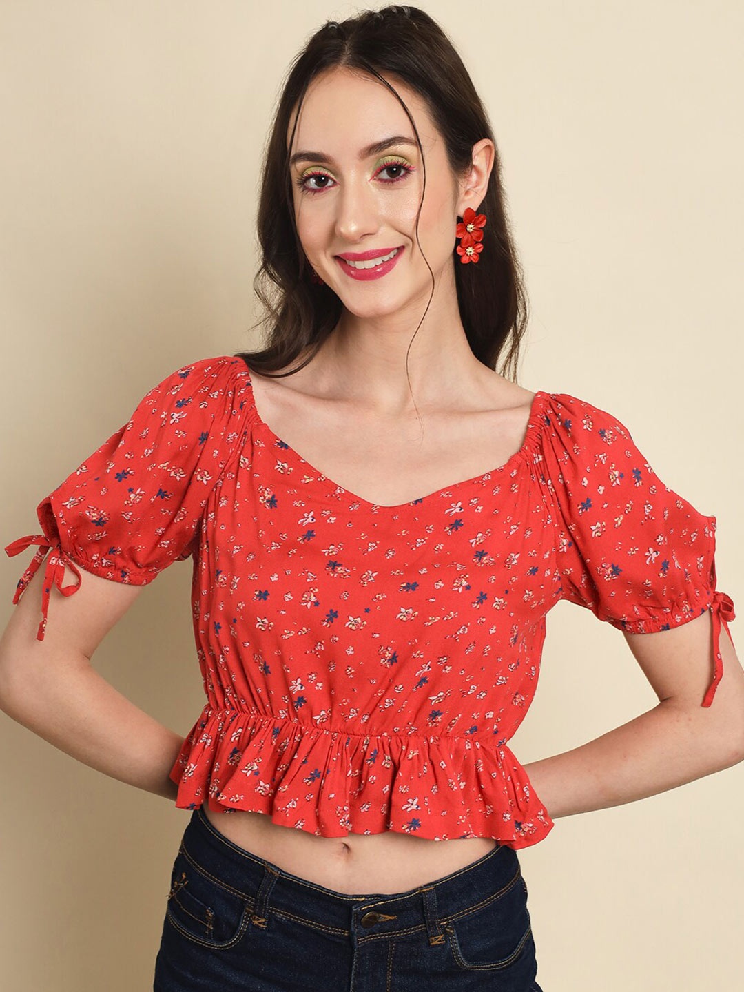 

Trend Arrest Floral Printed Cinched Waist Top, Red