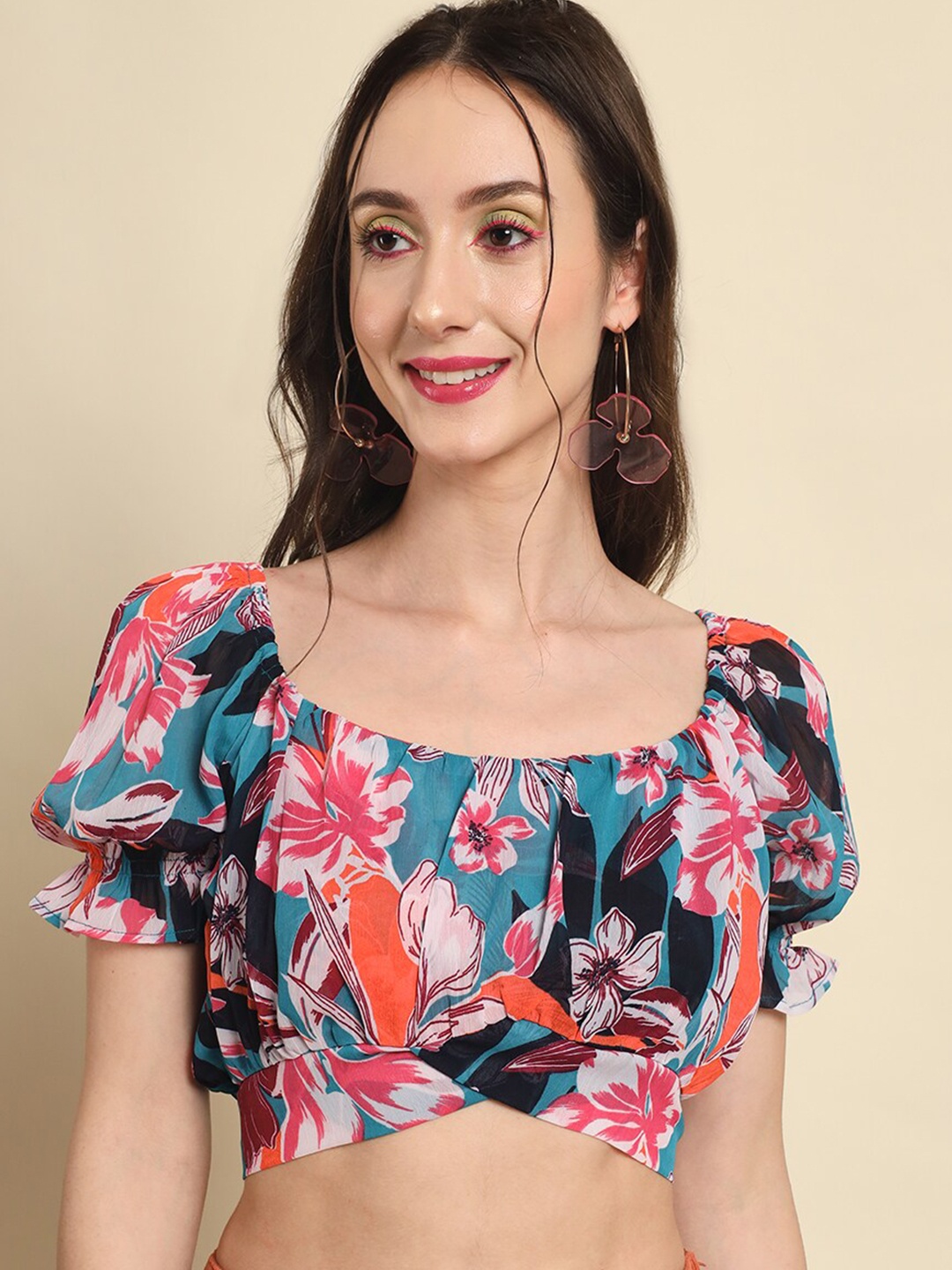 

Trend Arrest Floral Print Georgette Crop Top, Navy blue