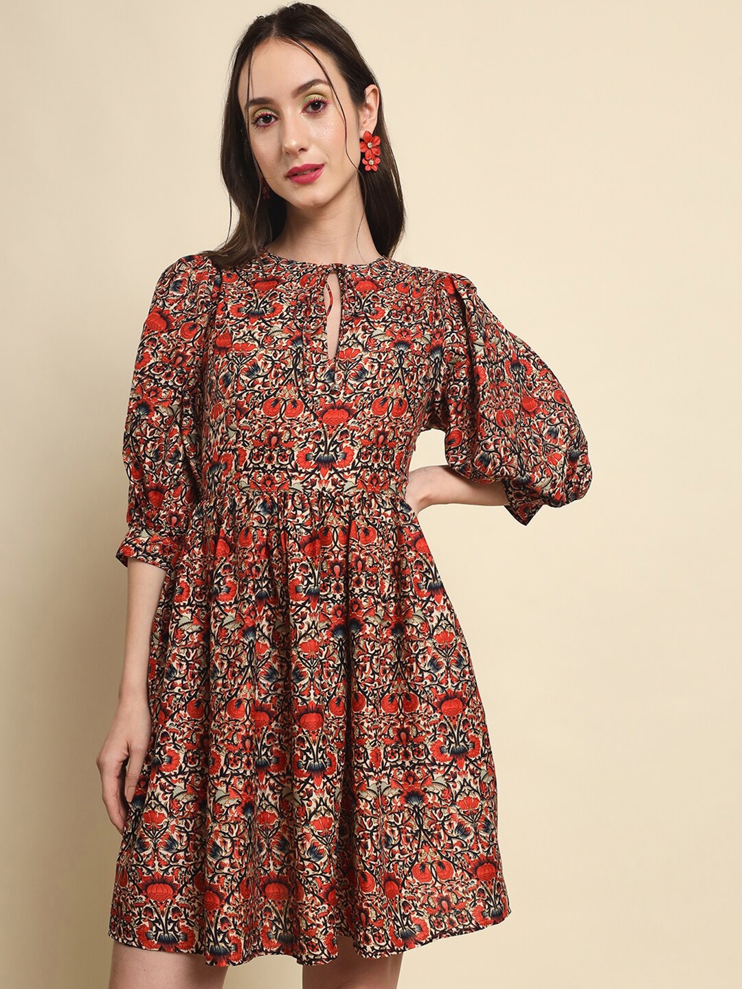 

Trend Arrest Floral Printed Keyhole Neck Fit & Flare Dress, Red