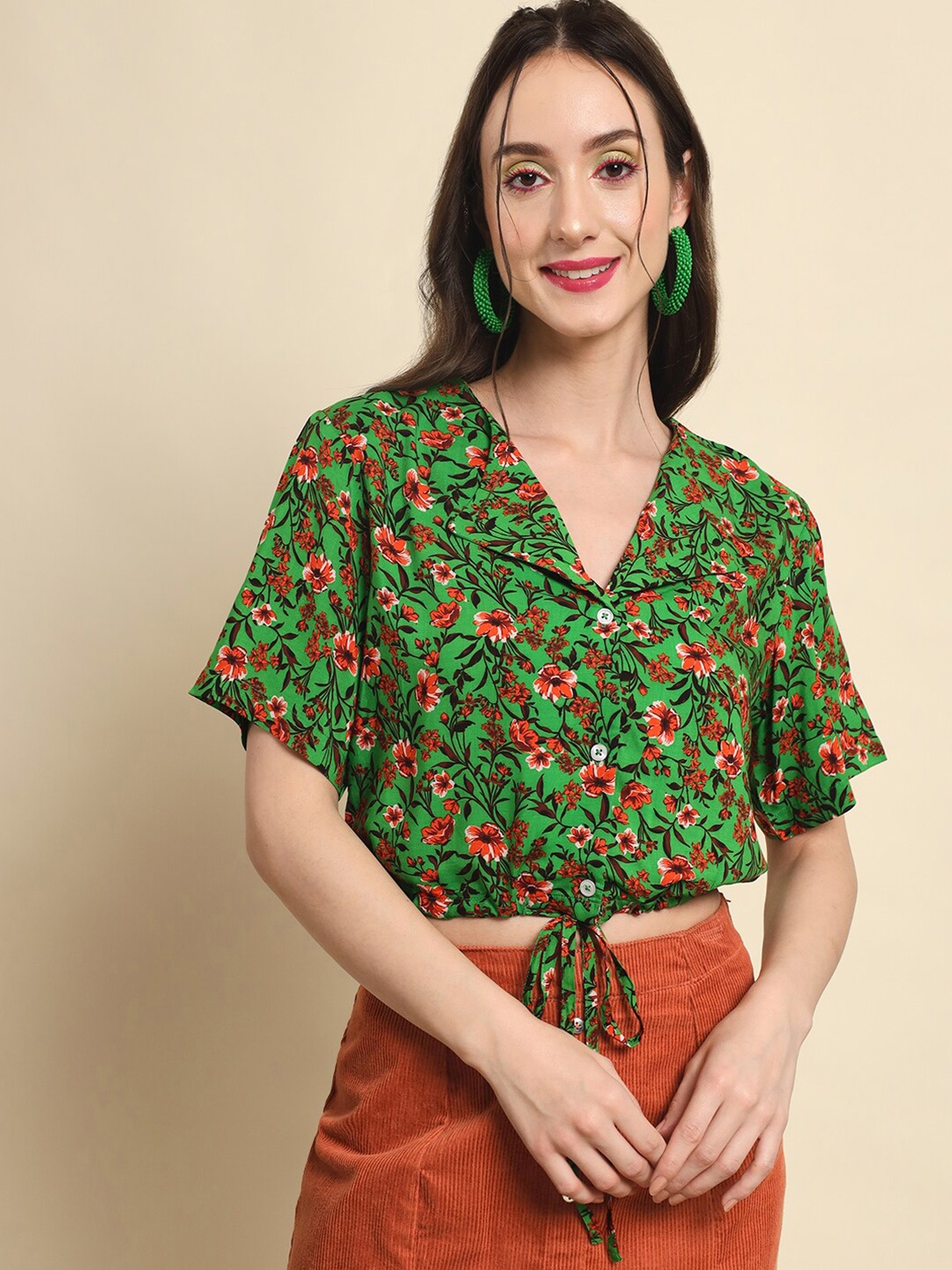 

Trend Arrest Floral Print Shirt Style Crop Top, Green