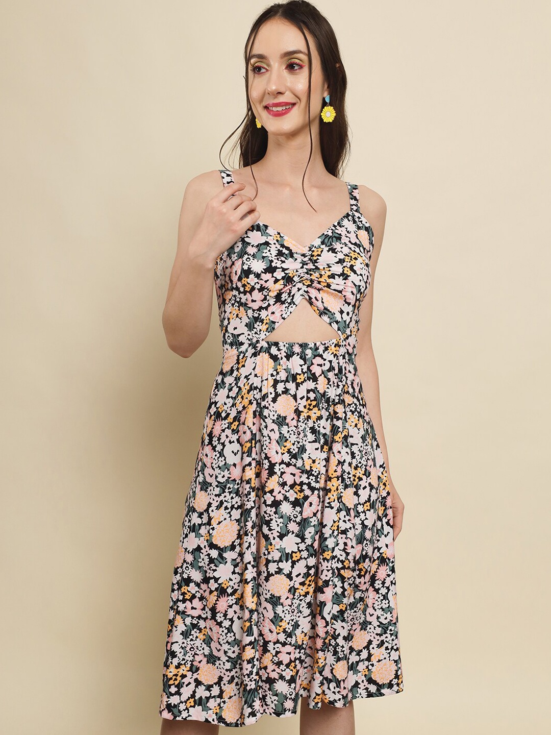 

Trend Arrest Floral Printed Shoulder Strap Fit & Flare Midi Dress, Black