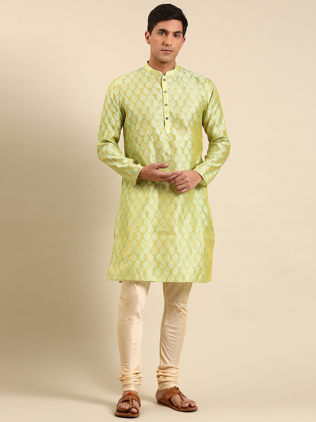 

Amodh by Kisah Men Ethnic Motifs Dupion Silk Kurta With Churidar, Green