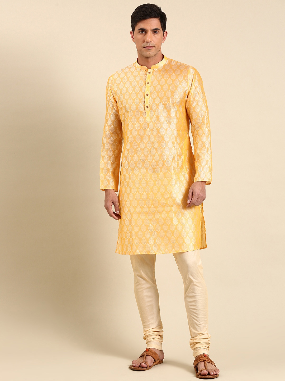 

Amodh by Kisah Men Ethnic Motifs Dupion Silk Kurta With Churidar, Yellow